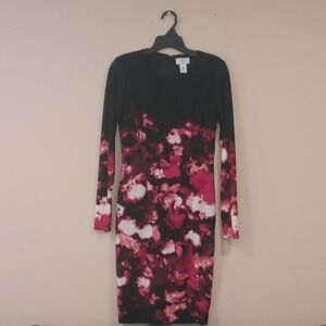 Carmen Marc Valvo Black and Red Floral Long Sleeve Dress